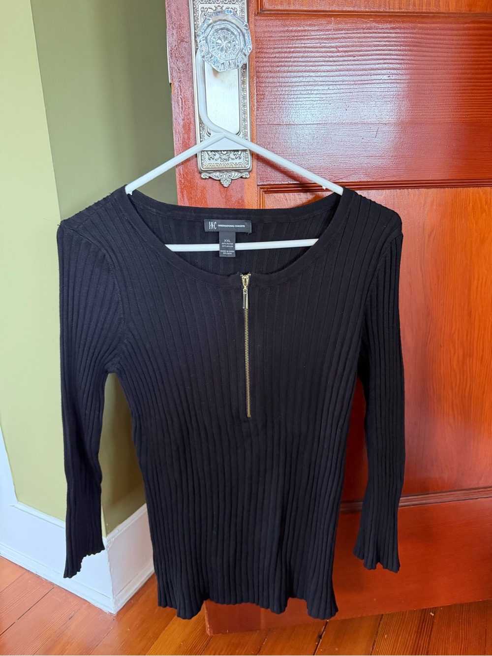 INC International Concepts Black Ribbed Zip-Front Long Sleeve Dress